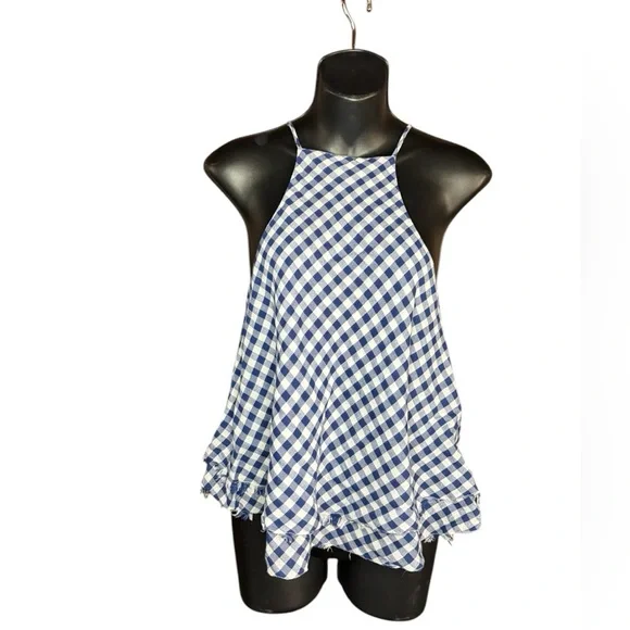 AEO women’s Blue Gingham Hi-Neck Swing Tank plaid white blue sz M preloved - Picture 6 of 11